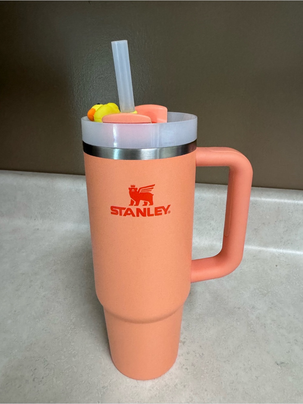 Stanley Coral Orange Travel Mug with Handle and Straw
